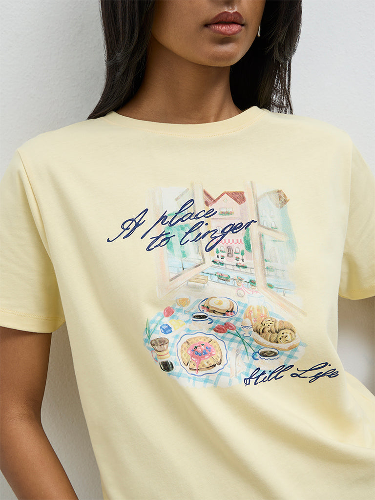LOV Light Yellow Graphic Printed Cotton T-Shirt