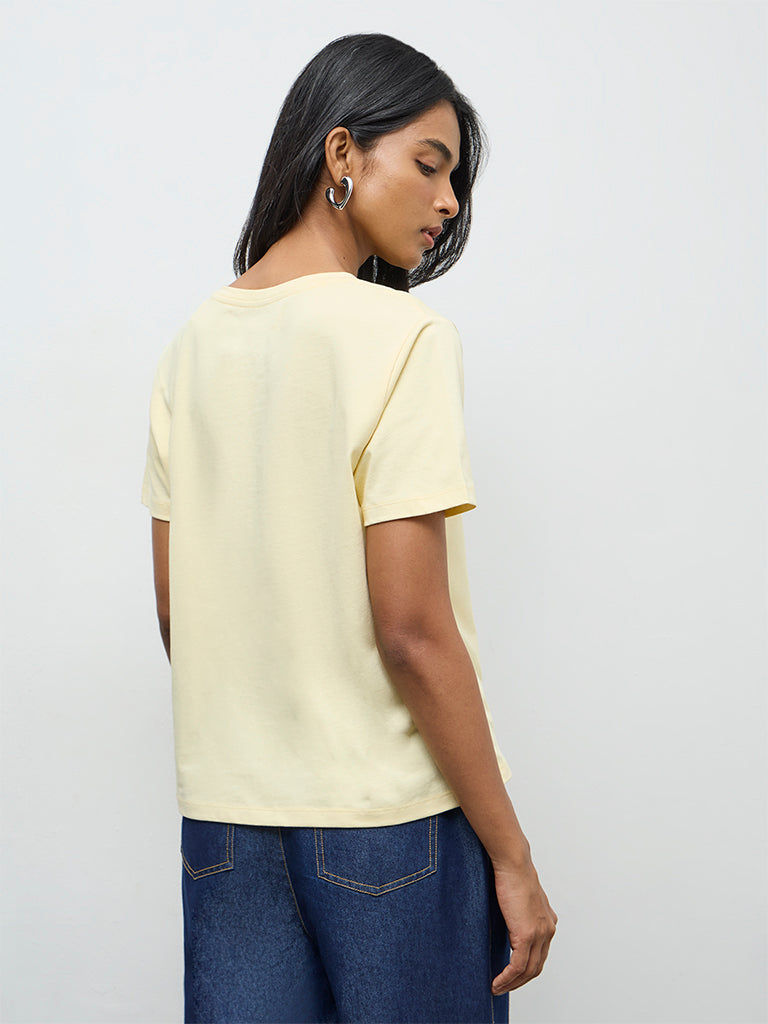 LOV Light Yellow Graphic Printed Cotton T-Shirt