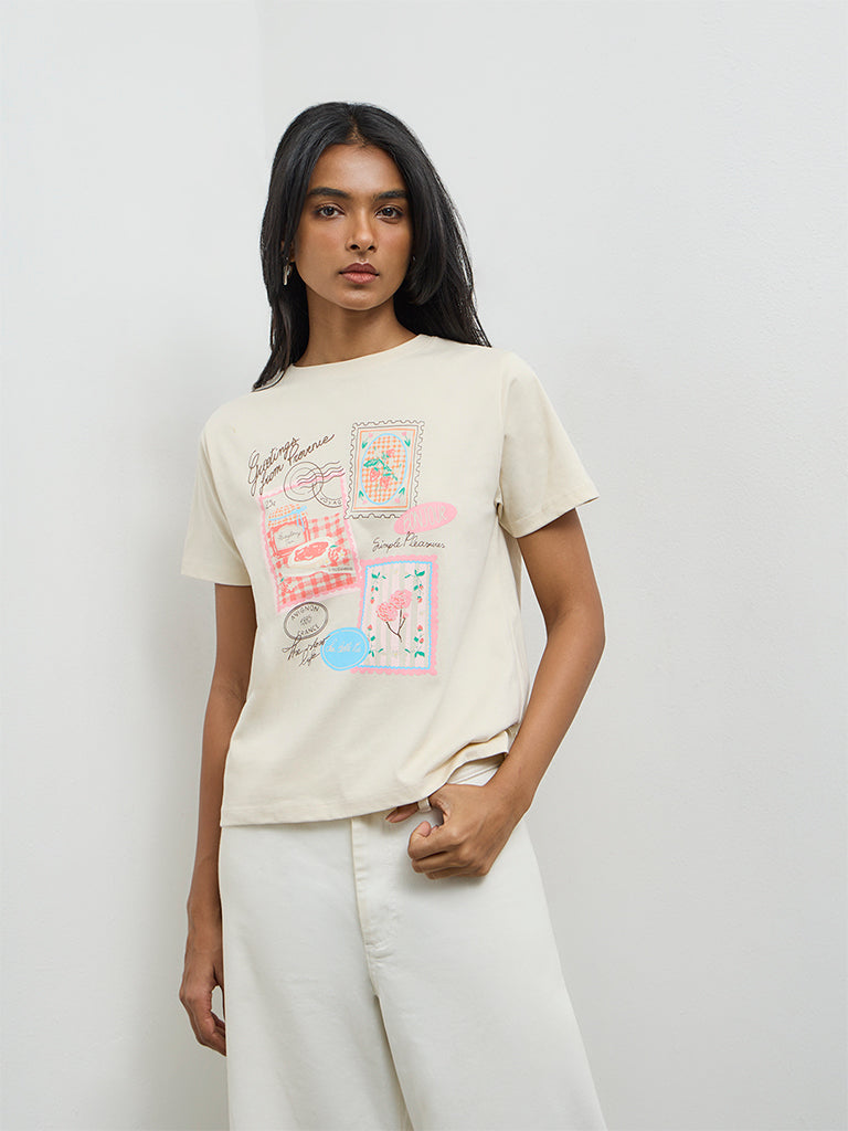 LOV Light Beige Printed Cotton T-Shirt