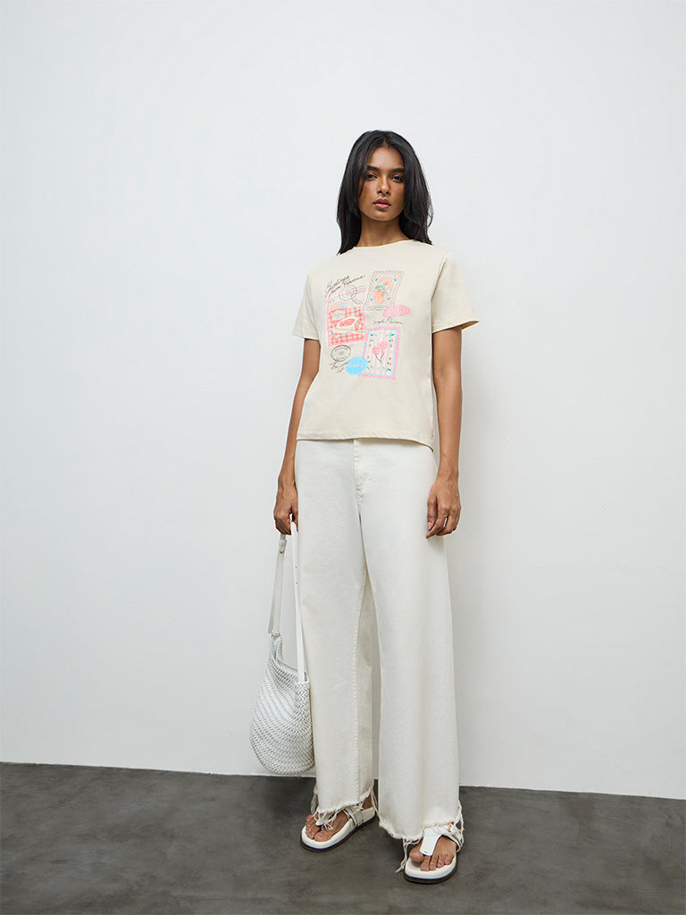 LOV Light Beige Printed Cotton T-Shirt