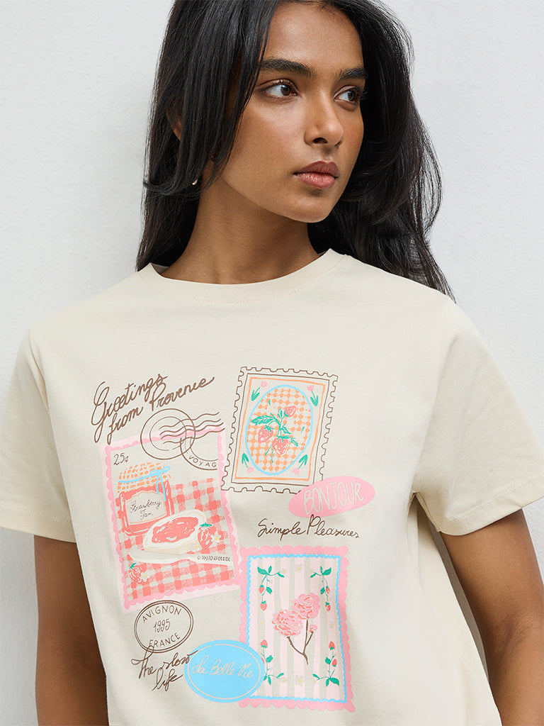 LOV Light Beige Printed Cotton T-Shirt