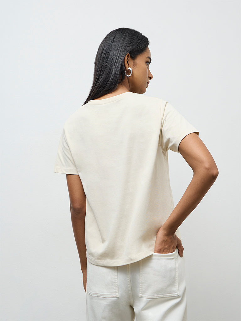 LOV Light Beige Printed Cotton T-Shirt