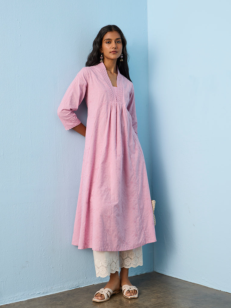 Utsa Lilac Floral Embroidered A-Line Cotton Kurta