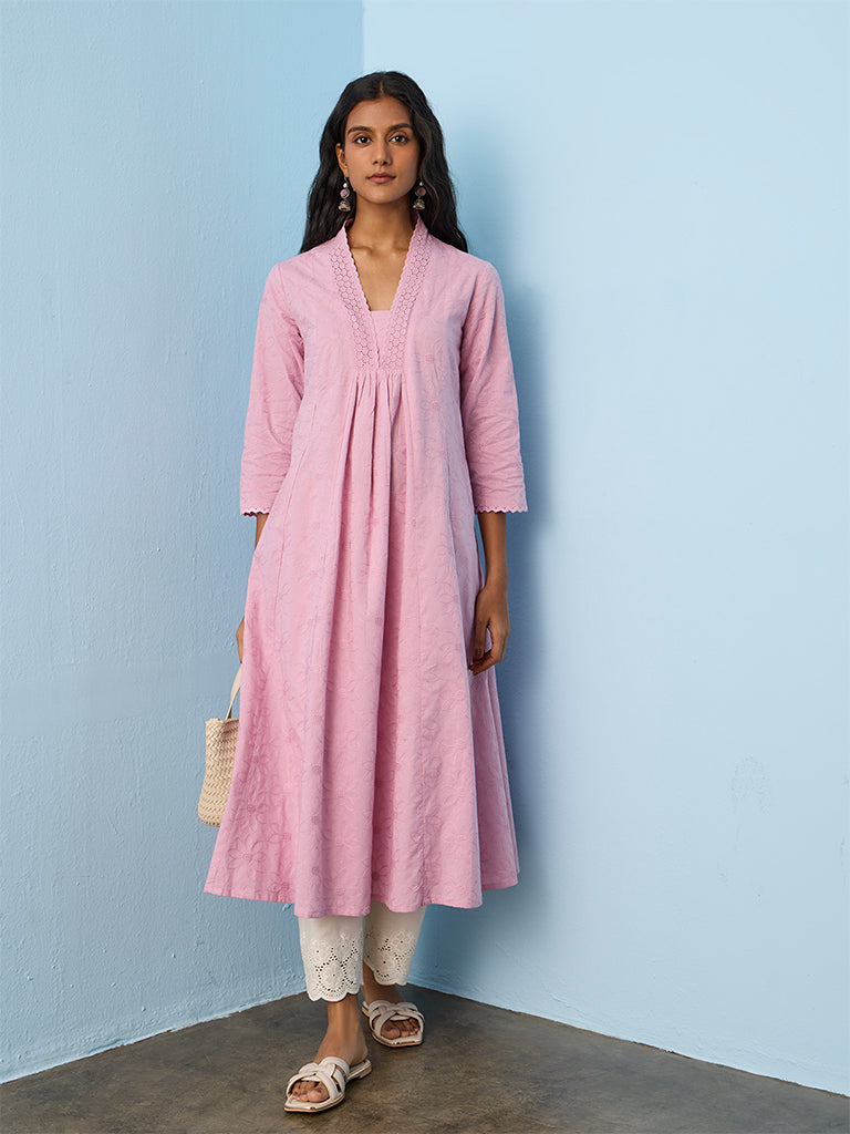 Utsa Lilac Floral Embroidered A-Line Cotton Kurta