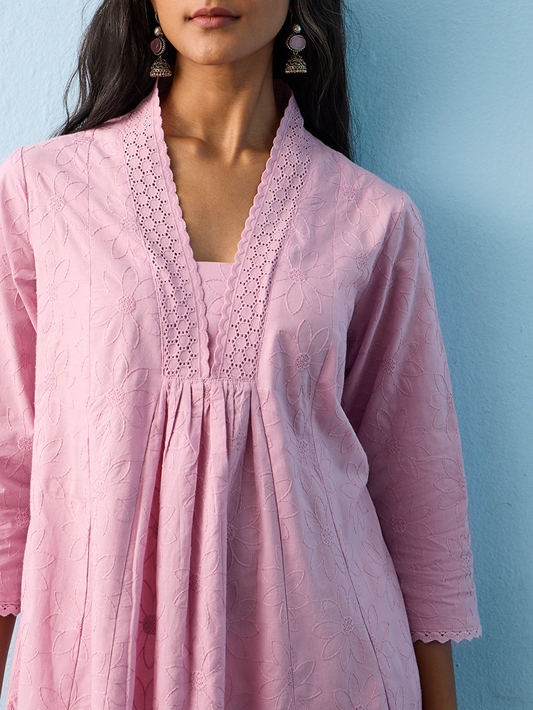 Utsa Lilac Floral Embroidered A-Line Cotton Kurta