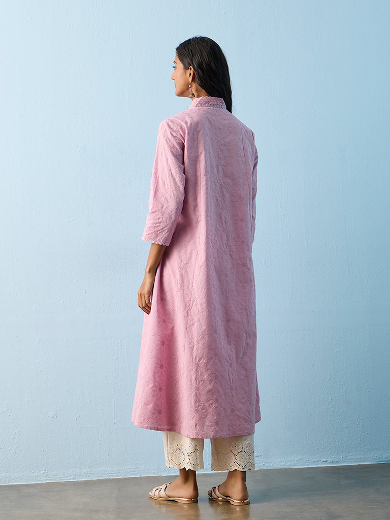 Utsa Lilac Floral Embroidered A-Line Cotton Kurta
