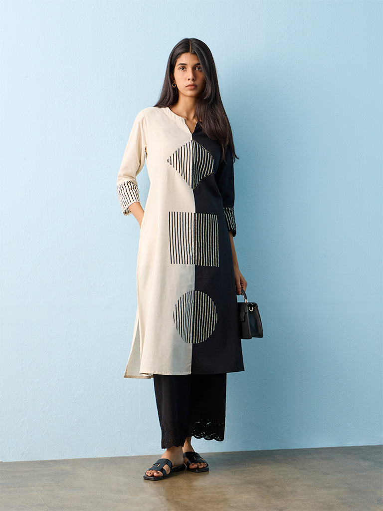 Utsa Black and Off-White Colour-Block Cotton-Blend A-line Kurta