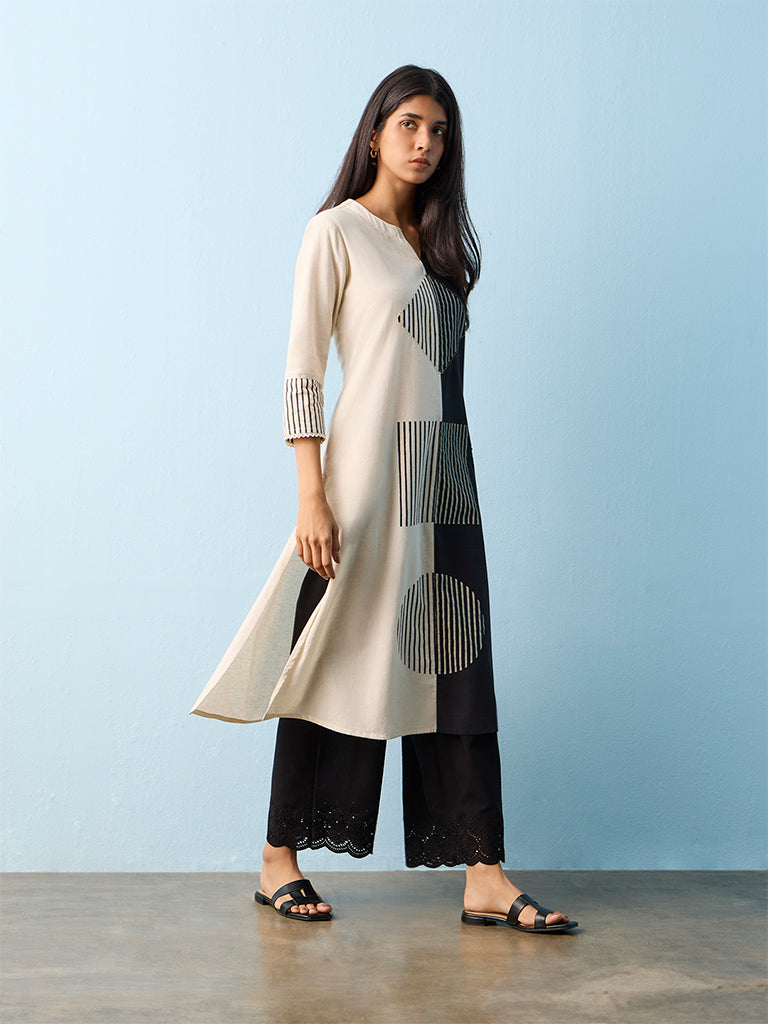 Utsa Black and Off-White Colour-Block Cotton-Blend A-line Kurta