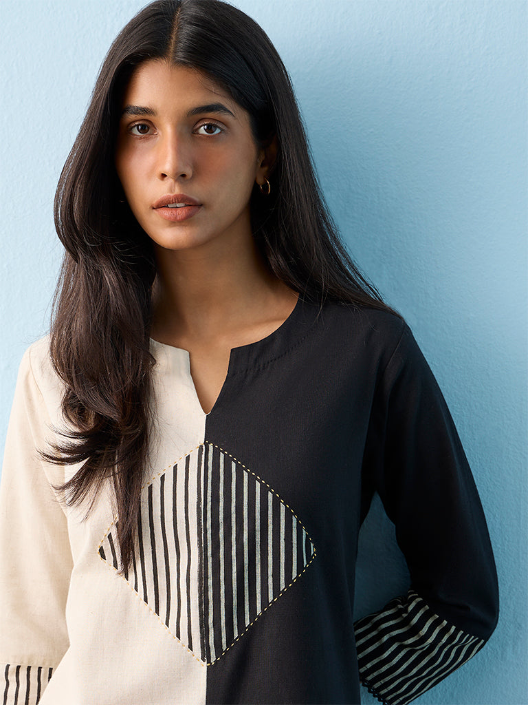 Utsa Black and Off-White Colour-Block Cotton-Blend A-line Kurta