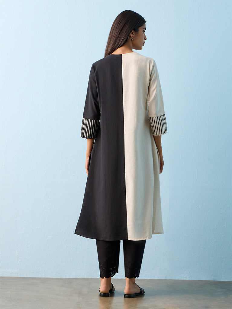 Utsa Black and Off-White Colour-Block Cotton-Blend A-line Kurta