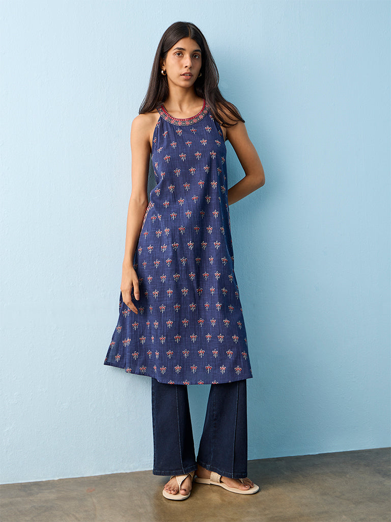 Utsa Indigo Ethnic Pattern A-line Cotton Kurta