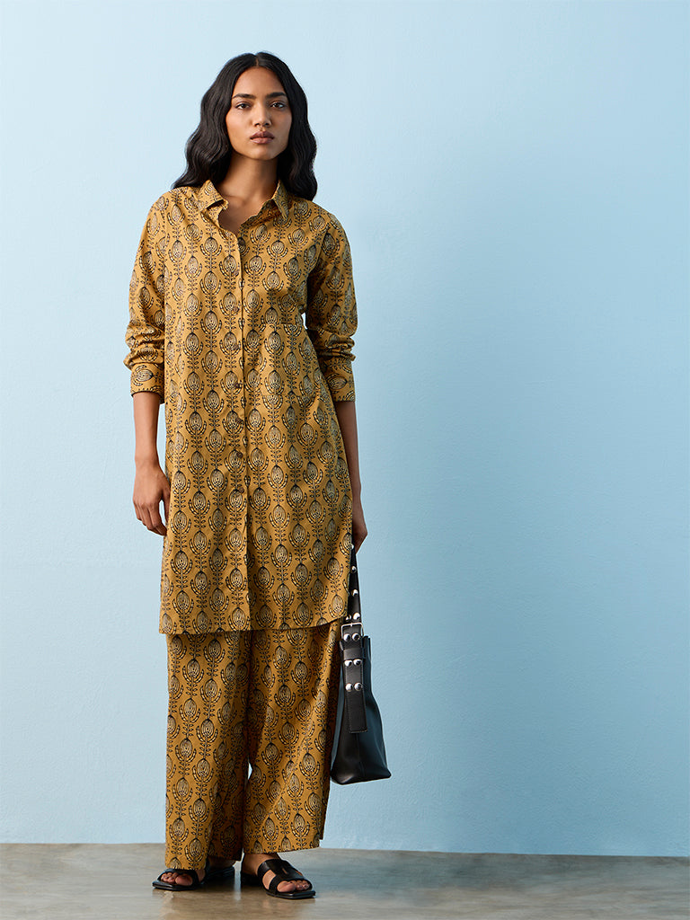 Utsa Mustard Printed Straight Cotton Kurta