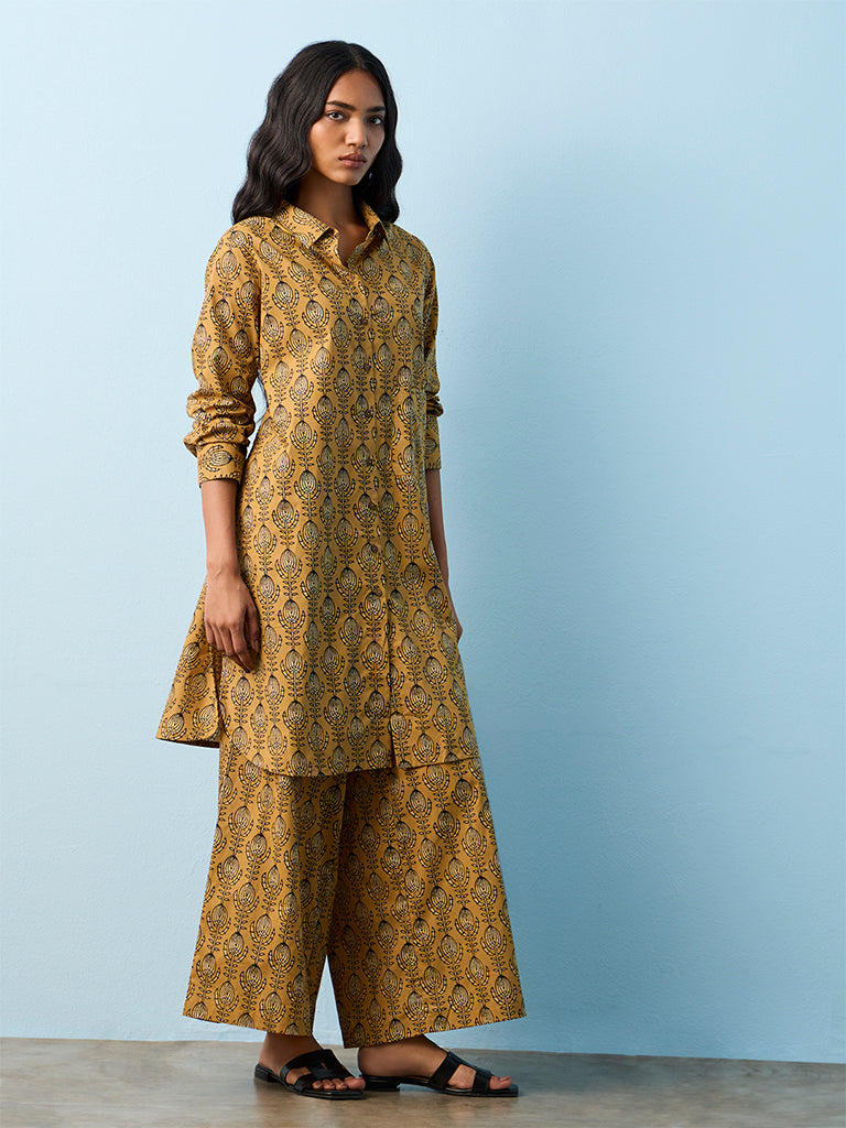 Utsa Mustard Printed Straight Cotton Kurta