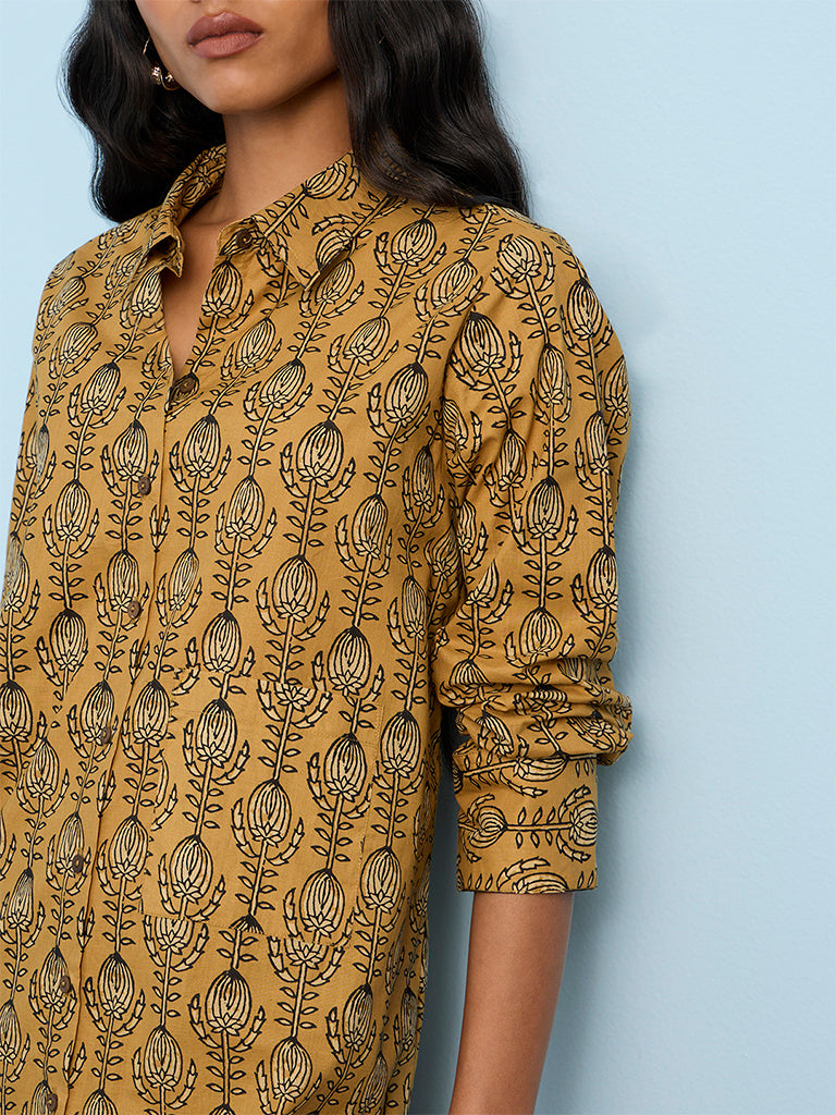Utsa Mustard Printed Straight Cotton Kurta