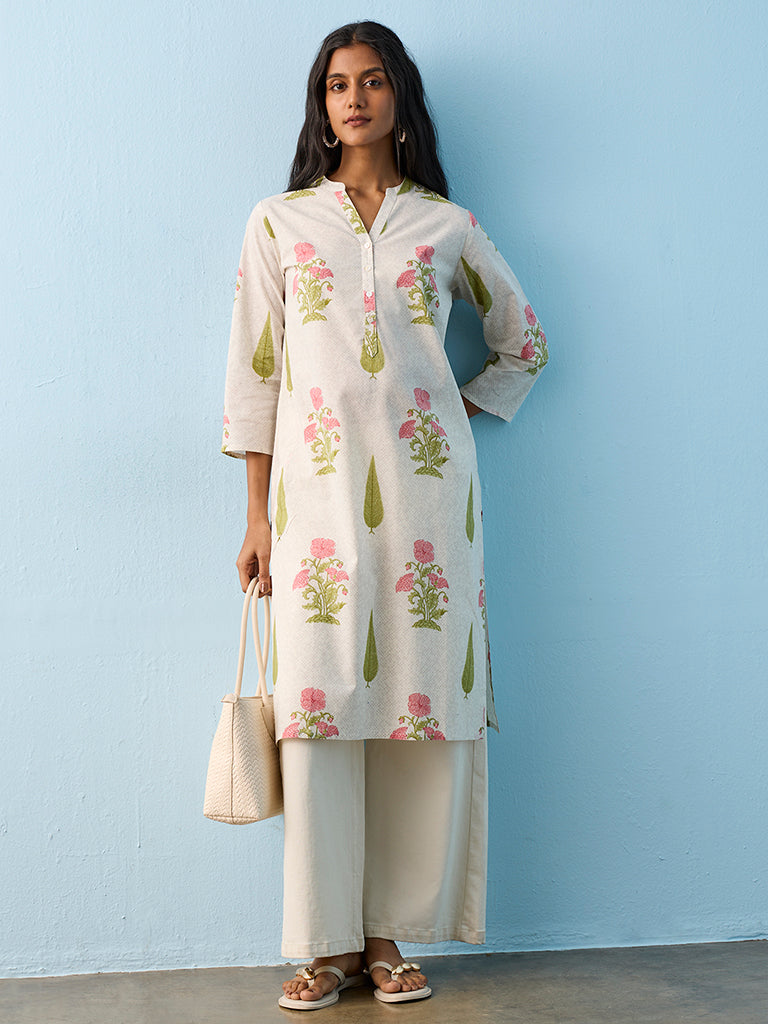 Utsa Light Beige Floral Printed Straight Cotton Kurta