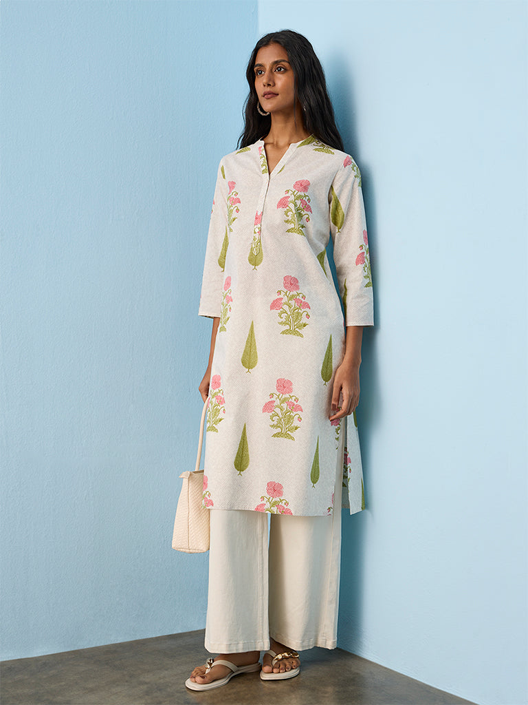 Utsa Light Beige Floral Printed Straight Cotton Kurta