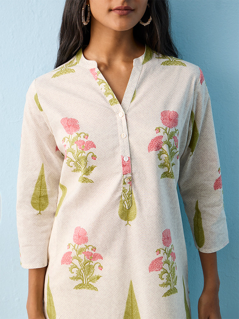 Utsa Light Beige Floral Printed Straight Cotton Kurta