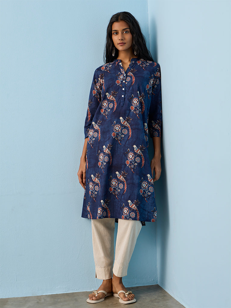 Utsa Indigo Printed Cotton Straight Kurta
