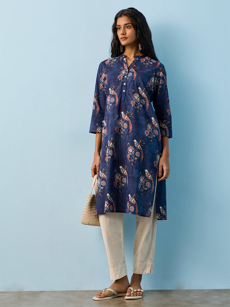 Utsa Indigo Printed Cotton Straight Kurta