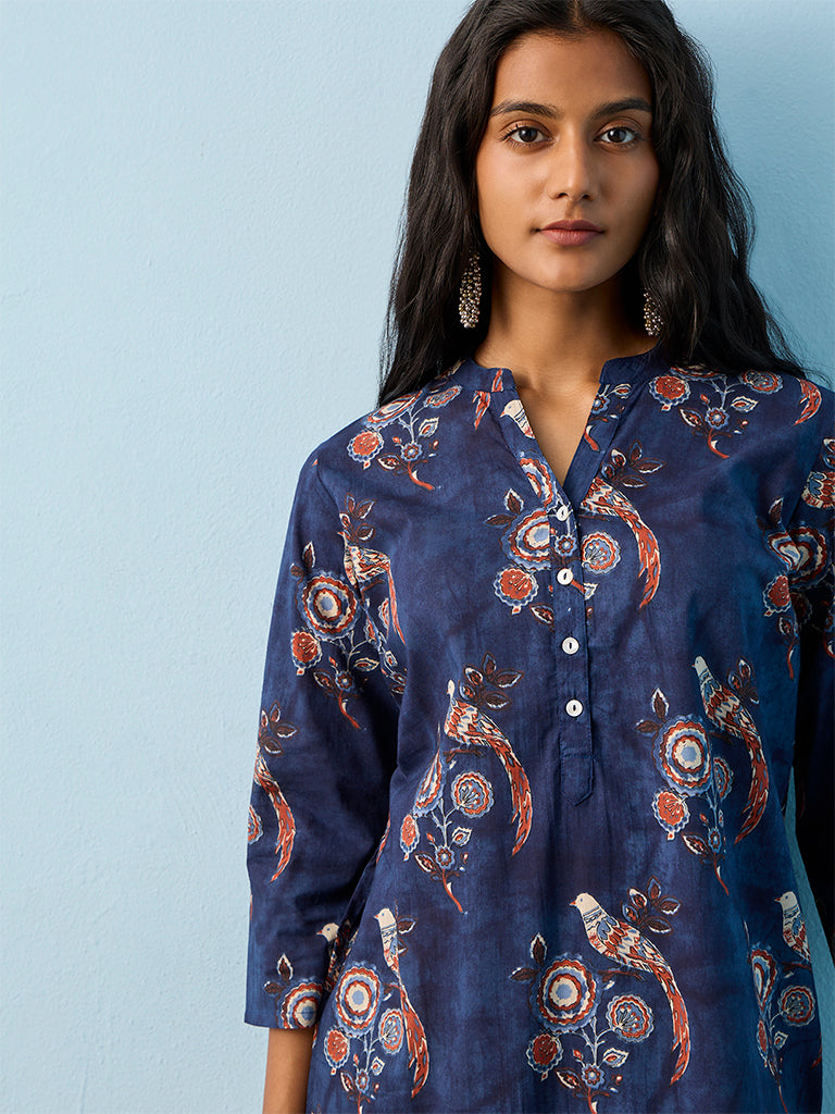 Utsa Indigo Printed Cotton Straight Kurta