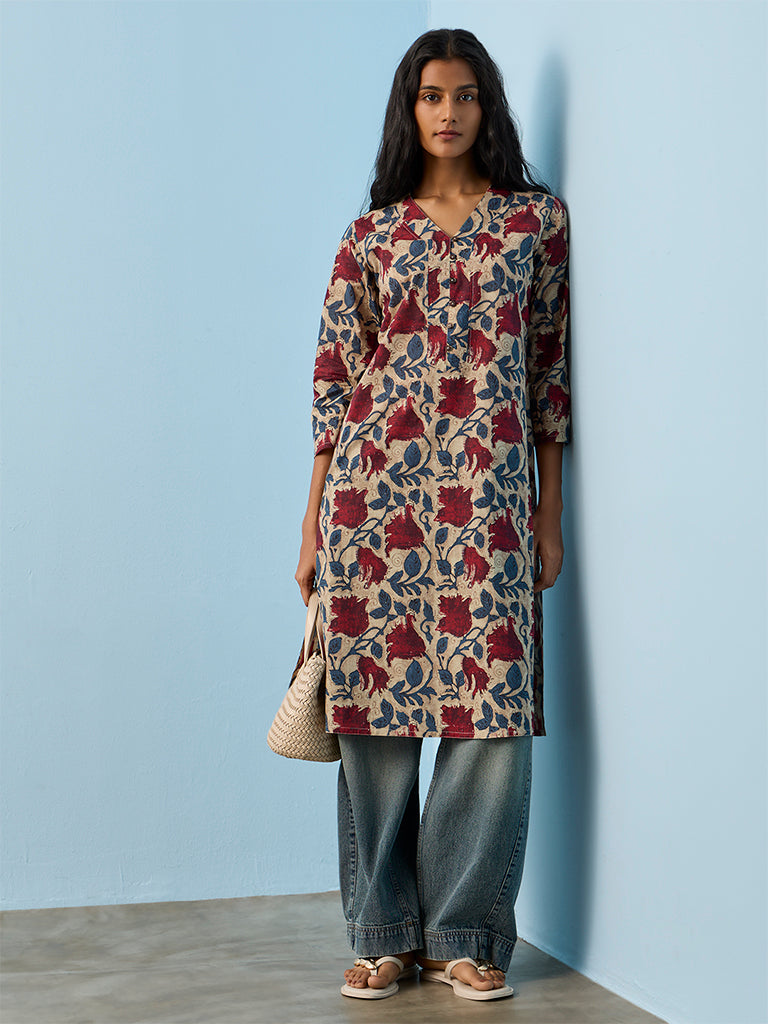 Utsa Grey Floral Printed Straight Cotton Kurta