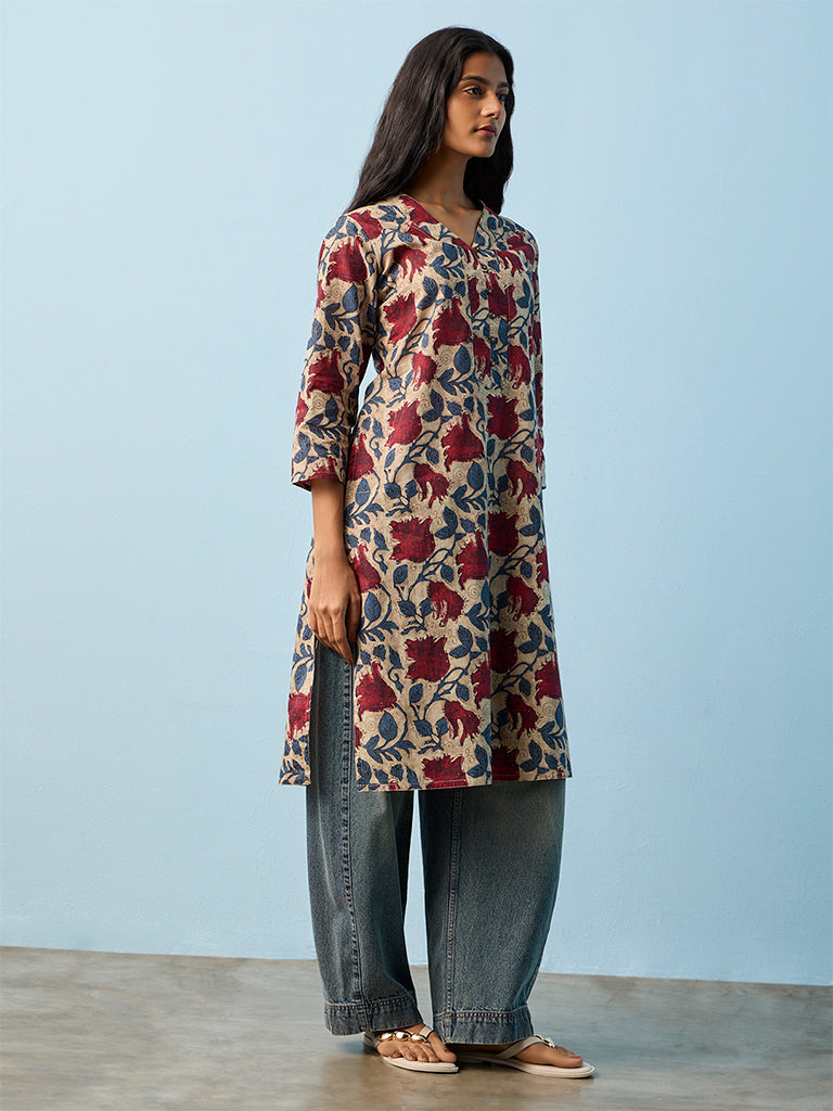 Utsa Grey Floral Printed Straight Cotton Kurta