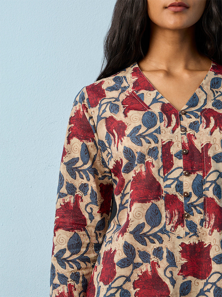 Utsa Grey Floral Printed Straight Cotton Kurta