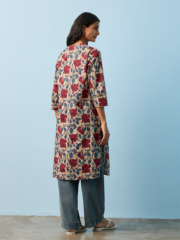 Utsa Grey Floral Printed Straight Cotton Kurta