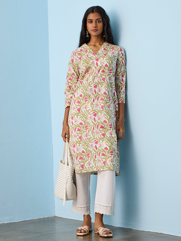 Utsa Multicolour Foliage Pattern Straight Cotton Kurta