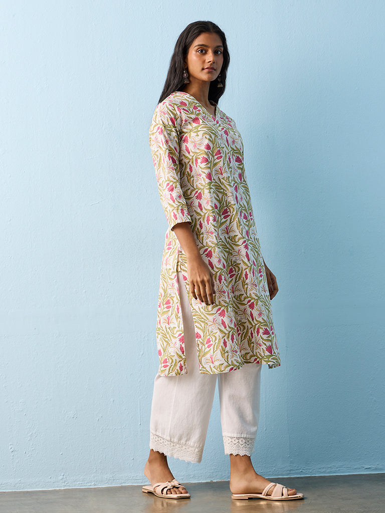 Utsa Multicolour Foliage Pattern Straight Cotton Kurta