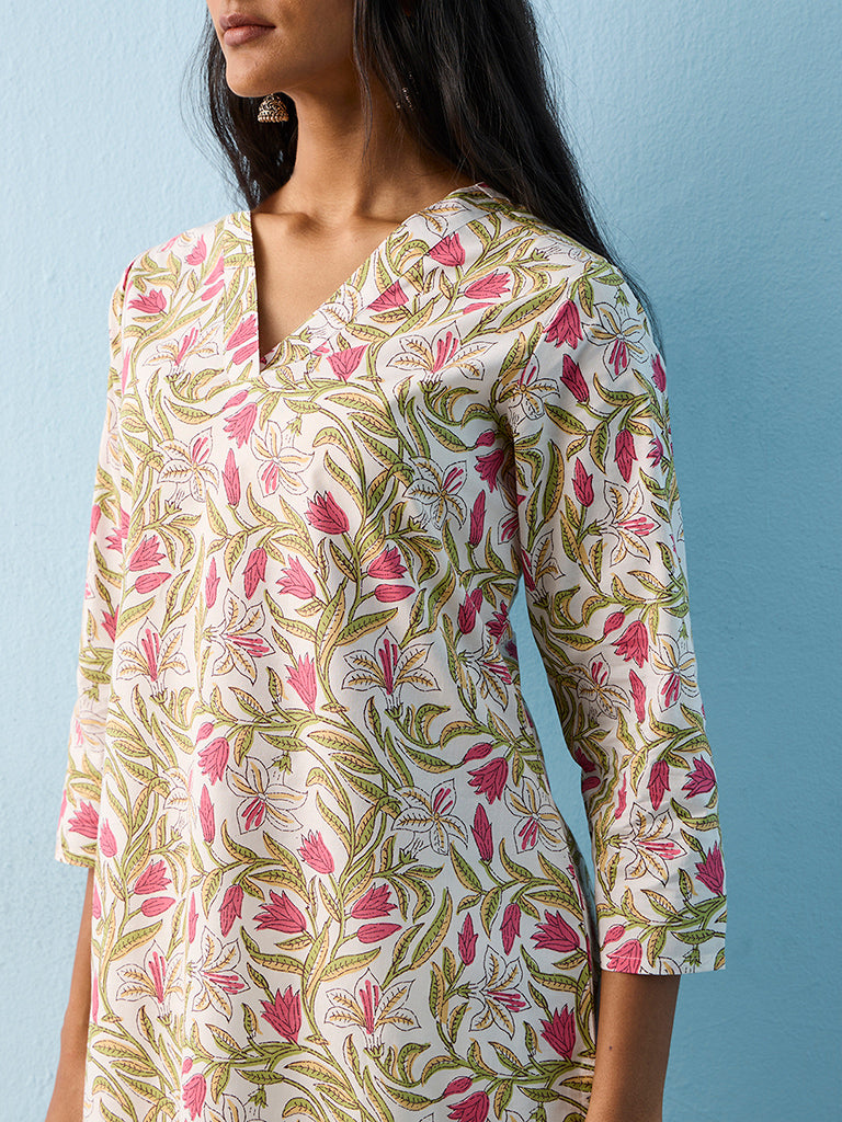 Utsa Multicolour Foliage Pattern Straight Cotton Kurta