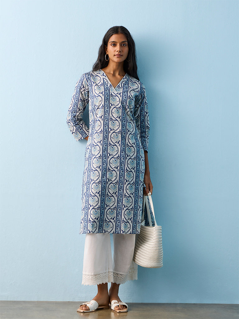Utsa Indigo Botanical Design Straight Cotton Kurta