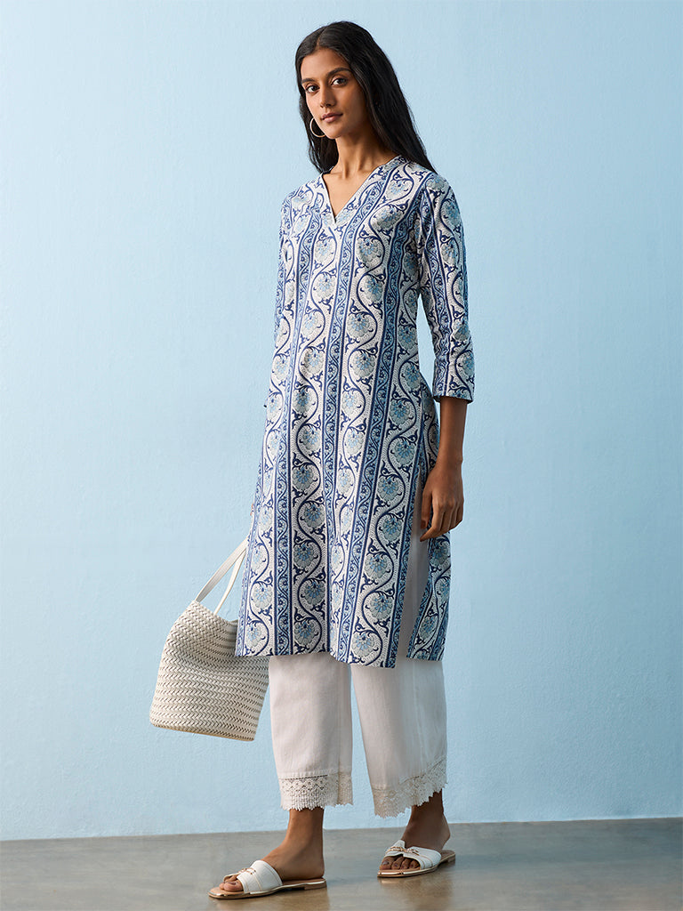 Utsa Indigo Botanical Design Straight Cotton Kurta