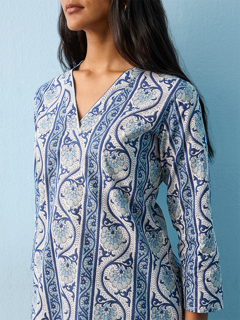 Utsa Indigo Botanical Design Straight Cotton Kurta