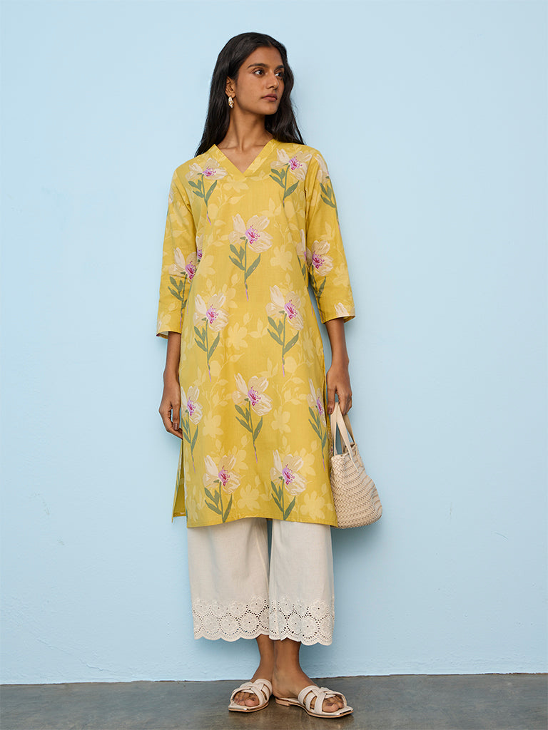 Utsa Yellow Floral Detailed Straight Cotton Kurta