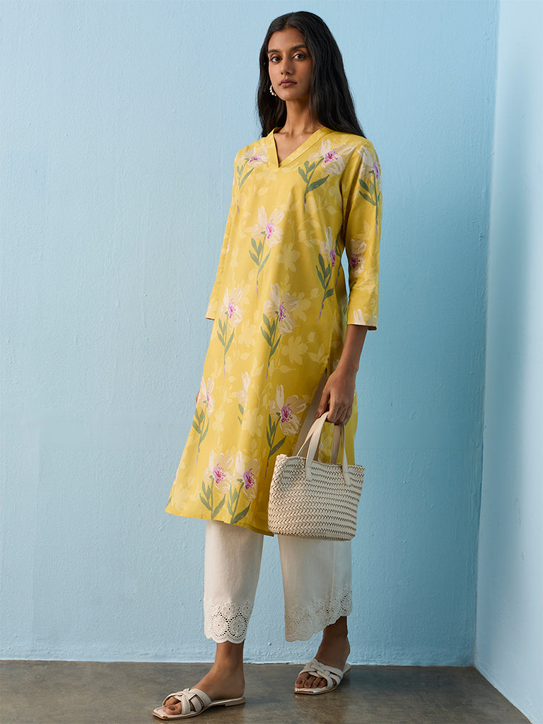Utsa Yellow Floral Detailed Straight Cotton Kurta