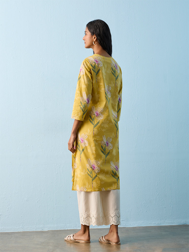 Utsa Yellow Floral Detailed Straight Cotton Kurta