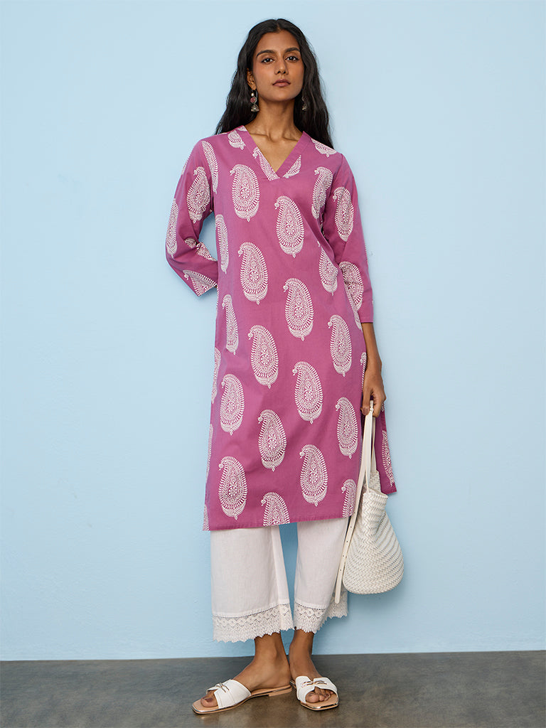 Utsa Pink Paisley Pattern Straight Cotton Kurta