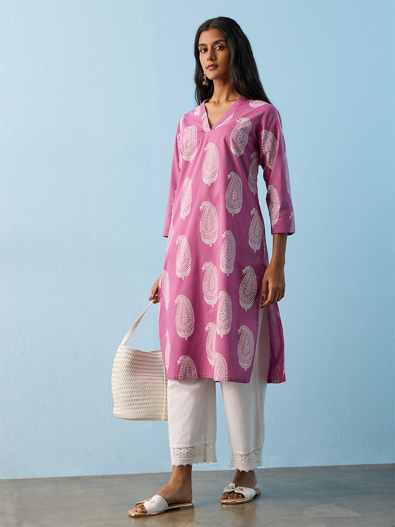 Utsa Pink Paisley Pattern Straight Cotton Kurta