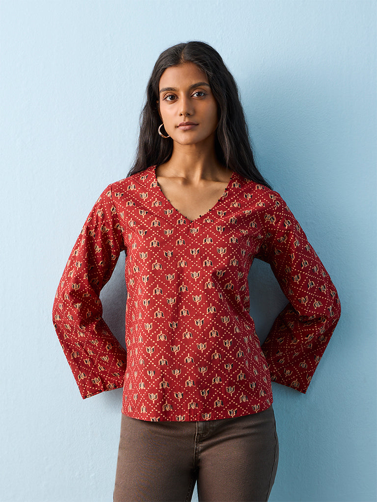 Utsa Red Botanical Printed Cotton Top