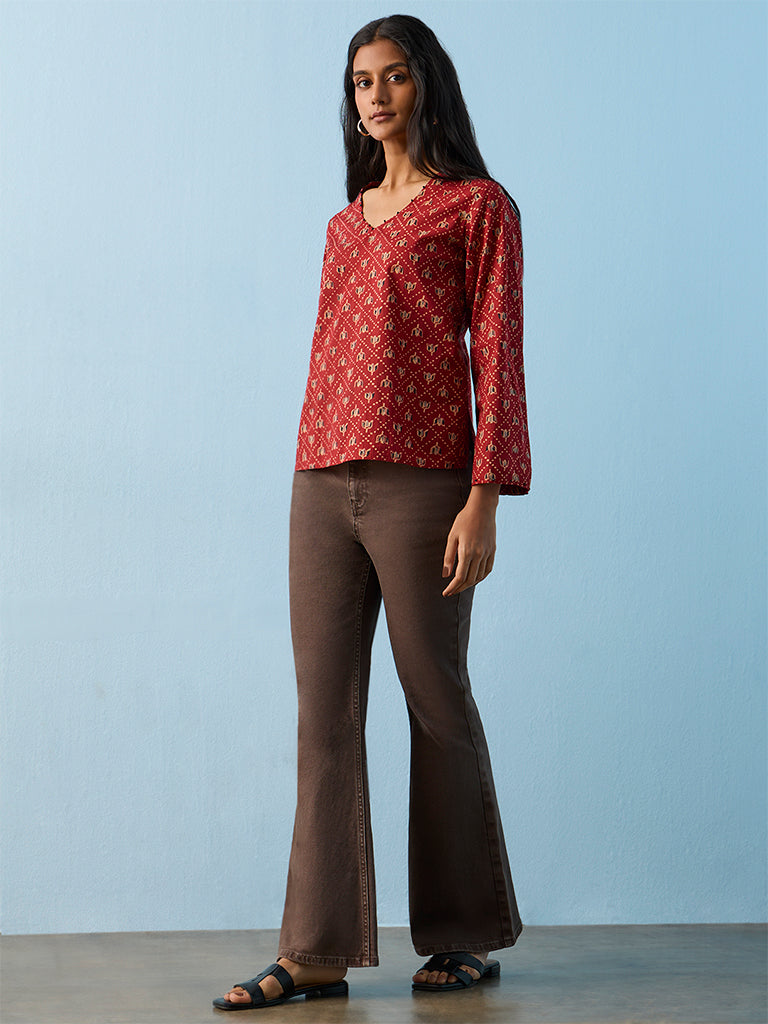 Utsa Red Botanical Printed Cotton Top