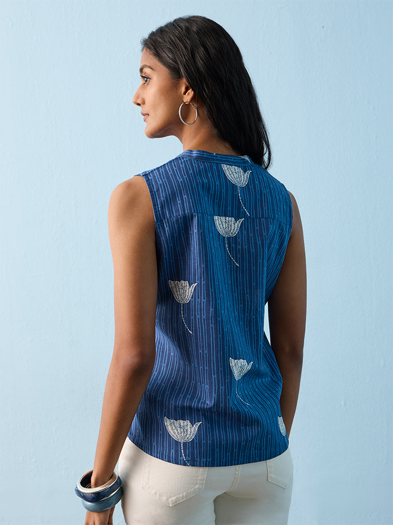 Utsa Blue Floral Printed Cotton Top