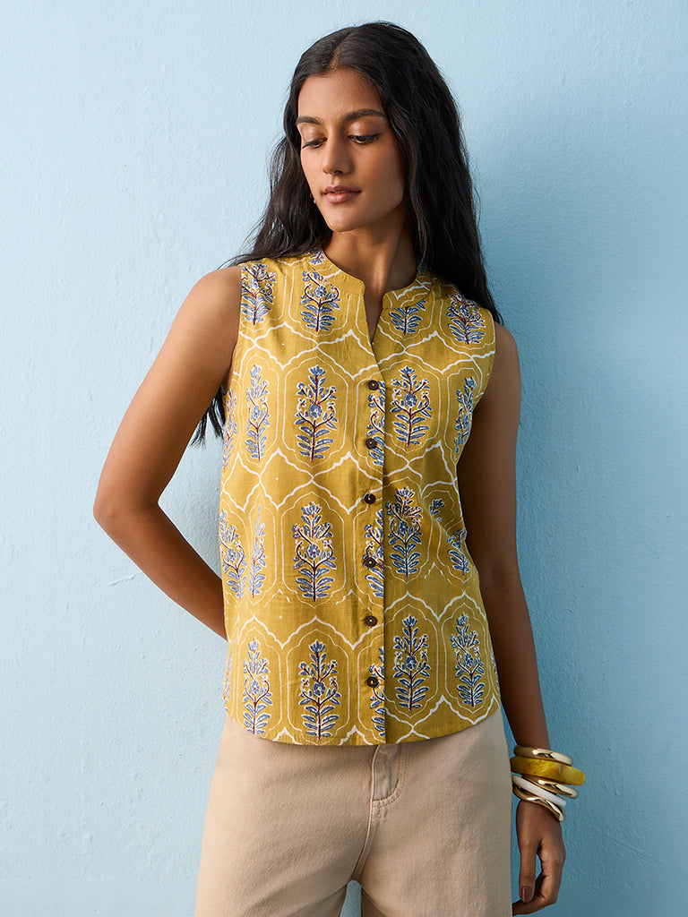 Utsa Mustard Foliage Printed Cotton Top