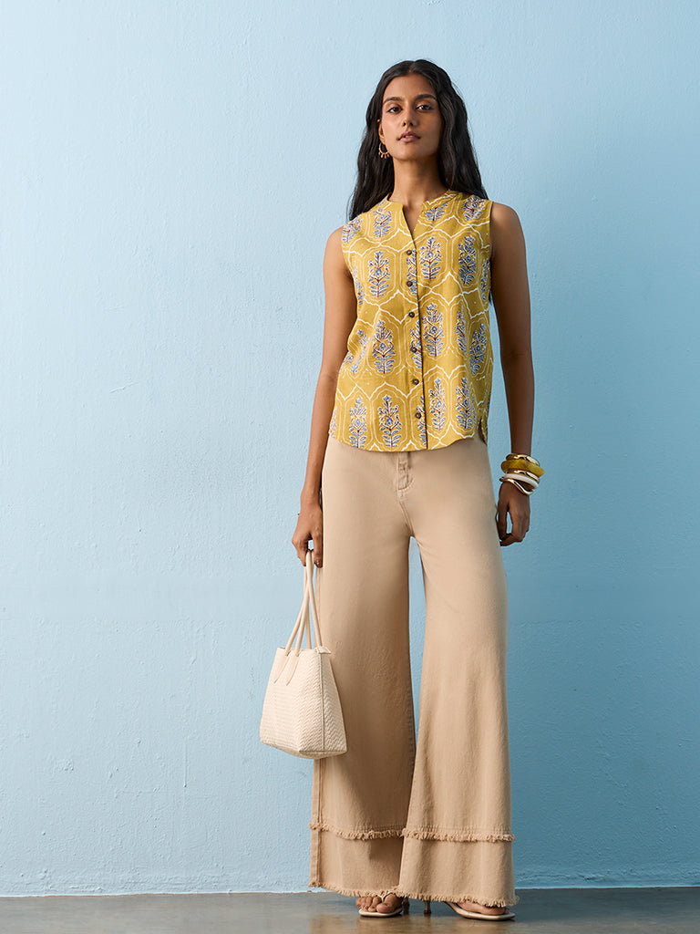 Utsa Mustard Foliage Printed Cotton Top