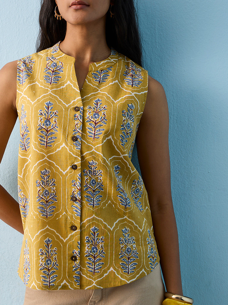 Utsa Mustard Foliage Printed Cotton Top