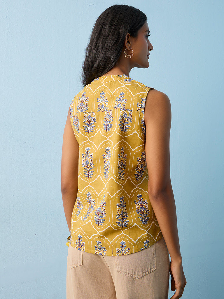 Utsa Mustard Foliage Printed Cotton Top