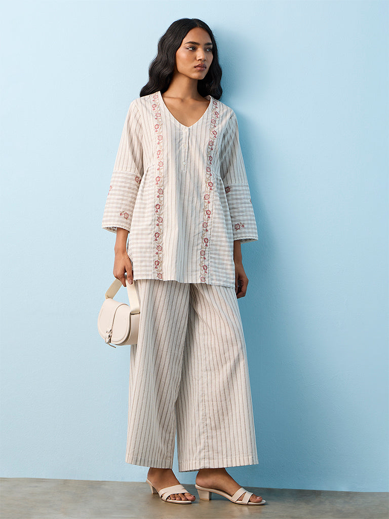 Utsa Off-White Striped Cotton Palazzos