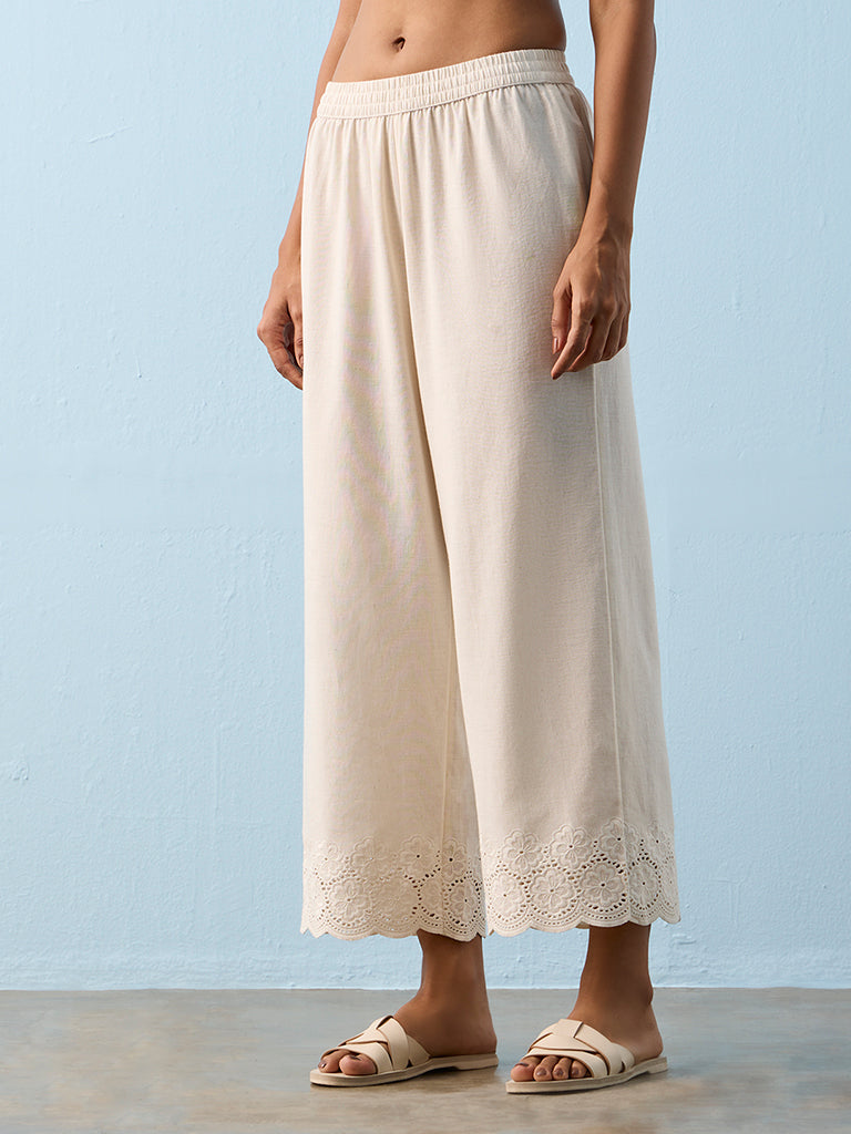 Utsa Beige Floral Embroidered Pants