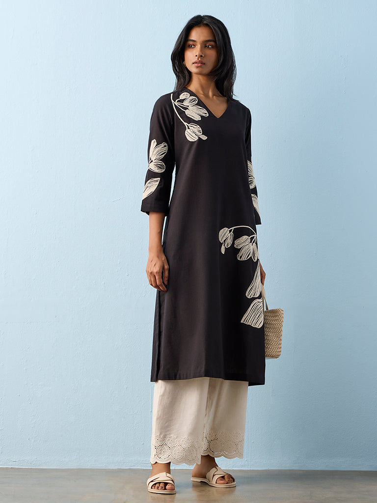 Utsa Beige Floral Embroidered Pants
