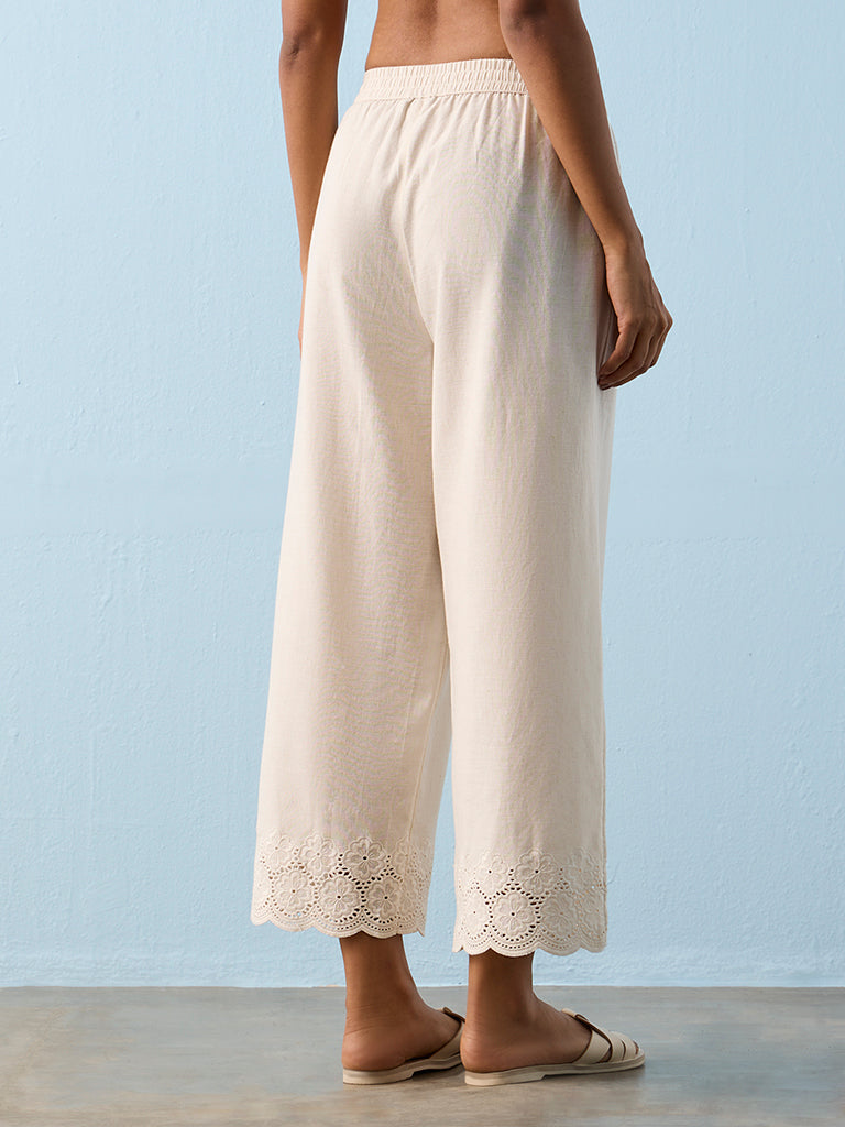 Utsa Beige Floral Embroidered Pants